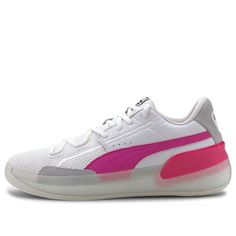 Puma's Clyde Hardwood 'Pink Glow' is a modern take on a classic silhouette. The shoe features a pink Formstrip and TPU heel clip on a white tumbled leather and mesh upper. Signature branding hallmarks the tongue and heel. A translucent ProFoam midsole supplies energy return while the high-abrasion rubber outsole works to enhance court control. The Clyde Hardwood 'Pink Glow' is perfect for player who wants old-school look with modern details. (SNKR/Men's/Low Top/Non-Slip/Basketball/Wear-resistant) Pink Basketball Shoes With Translucent Outsole For Streetwear, Pink Puma Sneakers For Light Sports, Modern Pink Sneakers With Translucent Outsole, Pink Basketball Shoes With Gum Sole For Sports, Pink Puma Logo Sneakers For Streetwear, Pink Puma Sneakers For Streetwear, Sporty Pink Basketball Shoes With Translucent Outsole, Puma Clyde, School Looks