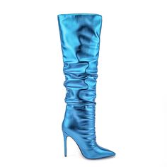 Shop Neon Metallic Blue Pointed Toe Slouch Boots Stiletto Heel Knee High Boots color Blue for Anniversary, Going out, Hanging out with worldwide Free shipping & Free return. Blue Pointed Toe Heeled Boots For Party, Blue Party Boots For Fall, Blue Boots For Fall Party, Blue Heeled Boots For Winter Party, Blue Pointed Toe Boots For Night Out, Blue High Heel Boots For Evening, Chic Blue Knee-high Heeled Boots, Chic Blue Pointed Toe Boots, Blue Heels For Winter Party