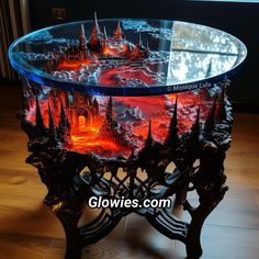 a glass table with an image of a castle on it