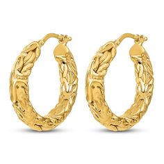 Add a pretty touch of sophistication to any jewelry box with these alluring hoop earrings. Highly textured detailing infuse captivating style to these 21mm hinged secured 14K yellow gold hoops. Gold Hinged Huggie Earrings For Formal Occasions, Anniversary Yellow Gold Hinged Hoop Earrings, Elegant Hinged Yellow Gold Huggie Earrings, Elegant Gold-tone Hoop Huggie Earrings, Elegant Hinged Huggie Hoop Earrings, Formal Gold Hinged Hoop Earrings, Gold Huggie Earrings For Anniversary, Elegant Huggie Hoop Earrings With Hinge, Formal Gold Hinged Earrings