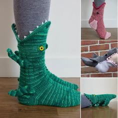 Overview:Catch of the Day is a whimsical pattern that is designed to appear like a fish eating your foot! This cuff-down pattern has a continuous scale pattern across the body of the fish, an eye socket so you know where to sew on the eyes (as well as the option to omit button eyes), fins, and curled lips!This pattern is recommended for advanced knitters or knitters who are willing to stretch their skills. This pattern may be difficult, please approach it as such. Knit cuff down, heel flap heel, Crocodile Socks, Shark Socks, Christmas Socks Gift, Gift Holders, Stocking Gifts, Funny And Cute, Sock Animals, Warm Slippers, Cute Socks