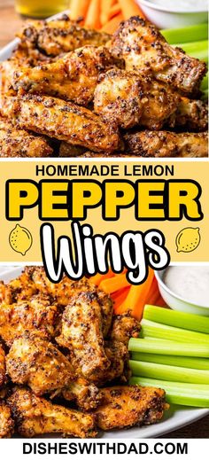 homemade lemon pepper wings with celery and carrots