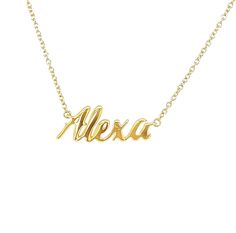 Experience timeless elegance with our 14K Gold Personalized Script Nameplate Necklace. Choose from 8 different fonts and 2 sizes to create a unique piece that reflects your individual style. Each necklace comes with a chain of your choice, making it the perfect personalized accessory. Elevate your look and stand out with this stunning necklace. Item Information Metal: 14k Gold Approx. Weight: Mini - 2.20g Standard - 2.80g Lowercase Letter Height: Mini - 4mm Standard - 5.5mm Customizable Classic Yellow Gold Necklaces, Classic Customizable Yellow Gold Necklaces, Classic Customizable Yellow Gold Necklace, Elegant Yellow Gold Jewelry With Engraved Text, Signature Yellow Gold Engraved Necklaces, Signature Engraved Yellow Gold Necklaces, Signature Yellow Gold Engraved Necklace, Signature Engraved Yellow Gold Necklace, Gold Nameplate Necklace With Engraved Text