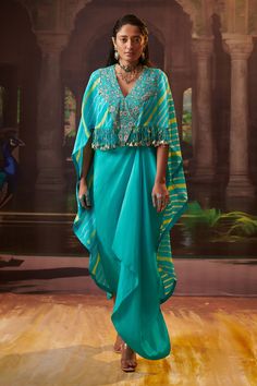 Shop for these amazing collections of Blue Silk Embroidery Leheriya Cape V-neck Print High-low Skirt Set For Women by Pink City by Sarika online at Aza Fashions. Leheriya Outfits, Leheriya Dress, Rakhi 2024, Carnival Fashion, Silk Cape, Dress Patterns Diy, Silk Kurti, Latest Bridal Dresses