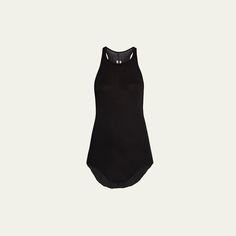 Rick Owens mini ribbed jersey tank top with a raw-cut hem Scoop neckline; racerback Sleeveless Slim fit Curved hem Pullover style Cotton Unlined Made in Italy Sporty Racerback Tops With Minimal Stretch, Athleisure Racerback Top With Minimal Stretch, Racerback Top In Athleisure Style, Sporty Racerback Tank Top For Layering, Sporty Racerback Tops For Layering, Athleisure Scoop Neck Tank Top For Layering, Ribbed Stretch Tank Top With Scoop Back, Stretch Ribbed Tank Top With Scoop Back, Athleisure Racerback Tank Top For Layering