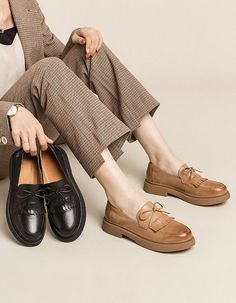 British Style Tassel Loafers for Women — Obiono Business Casual Tassel Loafers With Round Toe, Fall Office Wingtip Platform Loafers, Office Wingtip Moccasins For Fall, Spring Office Tassel Loafers With Wingtip, Office Wingtip Platform Loafers, Fall Tassel Loafers With Brogue Detailing, Business Tassel Loafers With Closed Toe, Elegant Brown Flat Heel Platform Loafers, Fall Tassel Loafers With Brogue Detailing And Pointed Toe