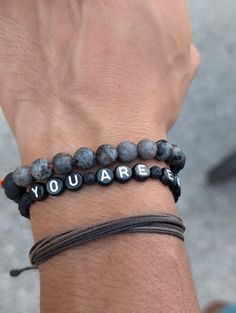 Men's Motivational Lava Rock Diffuser Bracelet by Cappa Creations - Stretchy, Black Beads, Essential Oil Diffuser Jewelry Adjustable Personalized Bracelets For Meditation, Adjustable Personalized Bracelets, Inspirational Black Bracelets For Everyday, Personalized Casual Bracelets For Everyday, Casual Personalized Bracelets For Everyday, Casual Personalized Everyday Bracelets, Customizable Black Friendship Bracelets For Everyday, Customizable Black Friendship Bracelets, Casual Adjustable Name Bracelet