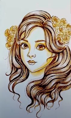 a drawing of a woman with long hair and flowers in her hair, wearing a wreath of roses