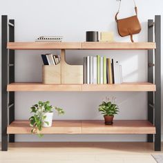 a wooden shelf with books and plants on it