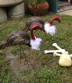 two fake birds are in the grass with their beaks open and bones laying on the ground