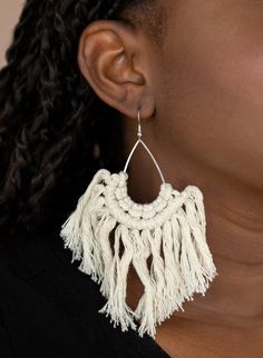 "Wanna Piece Of MACRAME?": Tassels of white thread decoratively knot at the bottom of a shiny silver teardrop, creating an earthy fringe. Earring attaches to a standard fishhook fitting. Sold as one pair of earrings. Macrame Tassels, Fringe Earring, Paparazzi Jewelry, White Earrings, Shiny Silver, Fish Hook, Single Piece, Crochet Earrings, Macrame