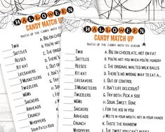 two halloween candy match up game cards with the words candy match up written on them