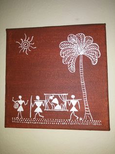 a painting on the wall with people and a palm tree in front of it,