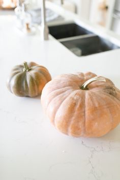 two pumpkins sitting on top of a white countertop next to a kitchen sink