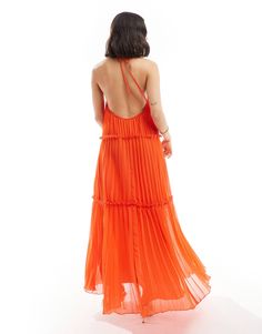 ASOS DESIGN halter neck pleat frill maxi dress in tomato | ASOS Summer Pleated Maxi Length Halter Dress, Summer Backless Pleated Maxi Dress, Summer Pleated Backless Maxi Dress, Beach Halter Neck Dress Pleated, Orange Sleeveless Tie-back Maxi Dress, Halter Neck, Tie Backs, No Frills, Asos