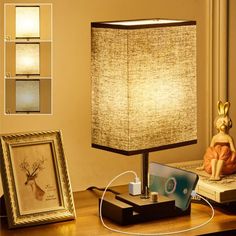 a lamp sitting on top of a wooden table