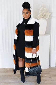 Sleeveless Colorblock Faux Fur Long Coat Outerwear-Black Faux Fur Long Coat, Artsy Chic, Fur Long Coat, Long Faux Fur Coat, Calorie Diet, Fall Fashion Outfits, Faux Fur Coat, Long Coat, Jumpsuits For Women