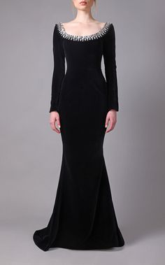 Jean Louis Sabaji 60064 Black Jean Louis Sabaji, Black Dresses Classy, Long Sleeve Velvet Dress, Elegant Dresses Classy, Midi Dress Style, Dress Fitted, فستان سهرة, Long Midi Dress, Embroidered Neckline