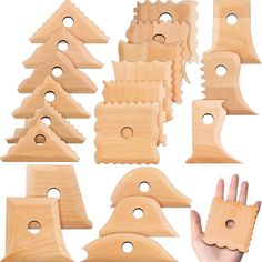 wooden cutouts with holes in the middle and hand holding them up to show how they are made