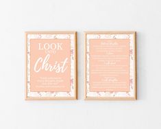 two framed posters with the words look into christ and an image of flowers on them