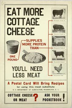 an advertisement for cottage cheese with pictures of farm animals and other foods on the side