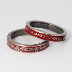 5 peso coin rings! Using the unique Mexican coins as rings, brings out the culture in a unusual way. These rings are Stainless Steel made from the outside portion of Mexican 5 peso coins. The ring can be oriented with "ring of the Serpents of the Aztec sun stone" on the outside or "Estados Unidos Mexicanos."  We use a red industrial powder coating process to highlight the ring details, which give a vivid colored coating to make the details pop. The rings can be custom sized from US sizes 8 - 11 1/4.  Makes a beautiful ring and a unique gift idea. All rings are hand made in our Texas shop. Aztec Sun Stone, Quinceanera Gifts, Quinceanera Jewelry, Aztec Sun, Coin Rings, Sun Stone, Mexican Jewelry, Sweet 15, Coin Ring