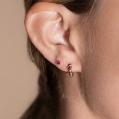 These created Ruby beaded huggie hoop earrings are perfect for your ear piercing! A beautiful style that can easily be mixed and matched with your other studs and hoop earrings. Metal: 14k Solid Yellow Gold Gemstone: Createdcreated Ruby Gemstone Dimensions: 2.5mm Gemstone Cut: Round Gemstone Color: Pink Clarity: VVS1-VVS2 Hoop Inner Diameter: 8mm Closure: Secure hinged back Item sold singly Fine Jewelry Huggie Earrings With Birthstone, Dainty Birthstone Huggie Earrings, Elegant Hoop Huggie Earrings With Birthstone, Elegant Birthstone Huggie Hoop Earrings, 14k Gold Birthstone Hoop Earrings, Dainty Gemstone Huggie Earrings In Small Hoop, Gold Band Engagement Rings, Hanuman Wallpapers, Conch Piercing Jewelry