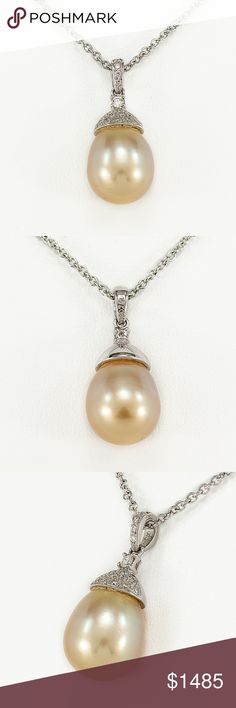 ☑️ SALE 18K Diamond South Sea Gold Pearl Necklace A stylish pendant necklace that boasts elegance and statement all in one. The golden-yellow South Sea pearl is accented with 23 brilliant round scintillating diamonds set in 18K white gold creating perfect harmony.  Chain Length 18" Grade A Natural Golden South Sea Pearl Pearl 10x11mm Diamond Total Carat Weight 0.20 Dia Color G-H Dia Clarity VS1-2 Pendant + Chain 18K White Gold Comes with original appraisal Jewelry Necklaces Classic Yellow Pendant Necklace, Elegant Yellow Necklace With High Luster, Elegant Yellow Pearl Necklace For Formal Occasions, Elegant Yellow High Luster Necklace, Elegant Yellow Round Pearl Necklace, Elegant Yellow Oval Necklace, Classic Yellow Necklace, Classic Yellow Necklaces For Formal Occasions, Classic Yellow Necklace For Wedding