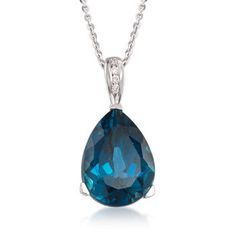 Ross-Simons - 13.00ct London Blue Topaz Pendant Necklace, Diamond Accents. 18". Our faceted 13.00 carat pear-shaped London blue topaz necklace is a conversation-starter, topped with sparkling diamond accents! The chic, wheat-link chain adds notable glitter. Set in sterling silver. London blue topaz pendant necklace. Blue Topaz birthstones are the perfect gift for December birthdays. Pendant Necklace Diamond, London Blue Topaz Necklace, Blue Topaz Pendant Necklace, London Blue Topaz Earrings, White Topaz Earrings, Necklaces Diamond, Necklace With Diamond, Topaz Birthstone, Solitaire Diamond Pendant