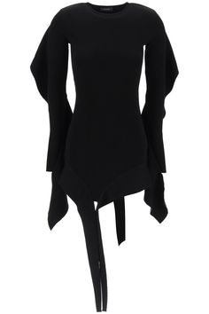 This Mugler mini dress is made of stretch technical knit for a snug fit. The asymmetrical design features a round neck and long sleeves adorned with ruffles along the entire length. It also has adjustable laces on the front and back for a customizable look. The model is 177 cm tall and wears size S. Composition: 71%VI, 15%ELITE, 12%PA, 2%EA Mugler Mini Dress, Model Standing, French Fashion Designers, Blazer With Jeans, Asymmetrical Design, Versace Men, Pant Shirt, Swimwear Tops, Snug Fit