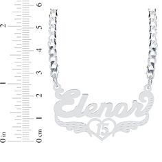 Celebrate her special birthday with this personalized quinceañera necklace. Crafted in sterling silver You choose the name that's spelled out above a cutout heart with the number 15 inside Textured wings complete the milestone design The style suspends centered along a bold and bright 18-inch curb chain that secures with a lobster clasp Personalized Heart-shaped Jewelry For Sweet 16, Silver Jewelry For Sweet 16 And Valentine's Day, Personalized Silver Jewelry For Sweet 16, Quinceañera Necklace, Quinceanera Necklace, Number 15, Curb Chain Necklace, Sunglass Chain, Crystal Set