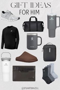 the gift ideas for him are on display in front of a white background with black and gray items