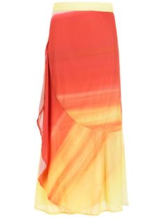 Orange/yellow printed midi skirt from AMIR SLAMA featuring mid-rise, ruched detailing, all-over print and straight cut. | AMIR SLAMA Printed Midi Skirt Wedding Guest Looks, Yoko London, City Dress, Printed Midi Skirt, Pink Skirt, Straight Skirt, Summer Beach Wear, Straight Cut, Orange Pink