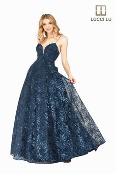 Color: Navy Neckline: ﻿Sweetheart Silhouette: Ballgown Fabric: Sequin Embroidered Tulle Brand: Lucci Lu Style #: 1084 Lace Ball Gown For Prom, A-line Lace Gown For Prom Season, Prom Ball Gown With Lace Bodice, A-line Lace Prom Gown, Lace A-line Prom Gown, A-line Wedding Gown With Lined Bodice, A-line Gown With Sweep Train For Debutante Ball, Lace Gown With Sweetheart Neckline For Prom, Fitted Embroidered Ball Gown For Prom