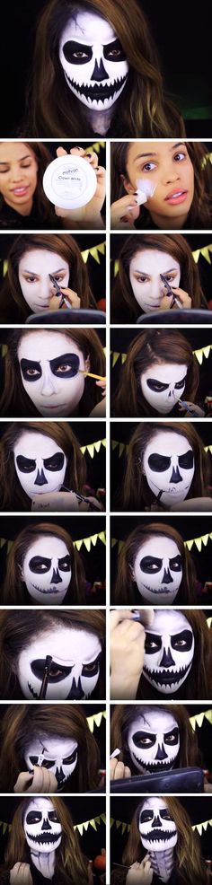 17 Halloween Makeup Tutorials So Cool You Won’t Even Need A Costume Easy Face Paint Ideas For Women, Skeleton Diy Costume Women, How To Paint Skeleton Face, Jack Skeleton Makeup Women, Skeleton Face Makeup Women, Skeleton Makeup Step By Step, Woman Skeleton Costume, Diy Skeleton Face Paint, Skeleton Costume Women Makeup