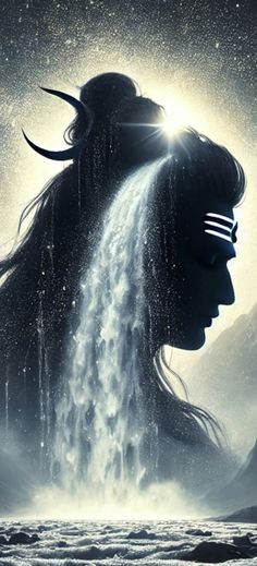 a woman with long hair standing in front of a waterfall and stars above her head