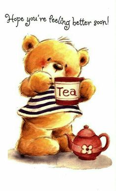 a drawing of a teddy bear holding a tea cup with the word tea on it