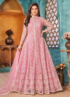 Pink Traditional Embroidered Anarkali Pant Suit Satin Anarkali, Peach Anarkali, Abaya Mode, Green Anarkali, Indian Anarkali, Designer Anarkali Dresses, Gown Suit, Designer Anarkali, Anarkali Gown