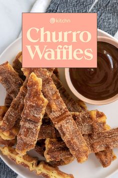 churro waffles on a plate with dipping sauce