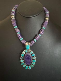 Navajo sterling silver turquoise charoite pendant necklace CY The necklace measures 18 inch Pendant 3.25 by 2 inch Artist Charlene yazzie Purple Southwestern Jewelry For Gifts, Southwestern Style Purple Jewelry For Gift, Purple Southwestern Jewelry For Gift, Purple Southwestern Style Jewelry For Gift, Silver Turquoise, Turquoise Sterling Silver, Sterling Silber, Beaded Necklace, Jewelry Necklaces