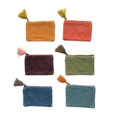 all six colors of velvet zip pouch with tassels displayed against a white background Travel Business, Waste Time, Creative Co Op, Velvet Pouch, Velvet Material, Crochet Bags, Velvet Bag, Pretty Design, Zip Pouch