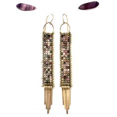 Long Demimonde Tapestry earrings, beaded with watermelon Tourmaline and faceted brass beads in an elegant play of color. 14k gold fill ear wires and archesBrass tassel fringe length: 3.75"width: .5" Artisan Gold Earrings With Beaded Fringe, Artisan Handwoven Rectangular Jewelry, Elegant Multicolor Handwoven Jewelry, Elegant Beaded Fringe Jewelry For Festivals, Artisan Long Drop Beaded Earrings, Artisan Jewelry With Beaded Fringe, Bohemian Handwoven Rectangular Jewelry, Artisan Jewelry With Beaded Fringe For Gift, Bohemian Rectangular Earrings With Dangling Beads