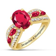 Fit for royalty.Want to enjoy the radiance of genuine rubies and diamonds, at a fraction of the cost? Look no further than Ruby Red & Ravishing!Sensational lab-created rubies glimmer from the intricate 14kt gold-plated setting, replicating the flawless beauty of those found naturally.Dazzling simulated diamond accents sparkle from every angle.Elegantly engraved with both of your names inside the band — FREE.Arrives in our signature keepsake pouch, included at no additional charge. Rubies And Diamonds, Red Ring, Flawless Beauty, Personalized Ring, Danbury Mint, Personalized Rings, Ruby Diamond, Size 10 Rings, 14kt Gold