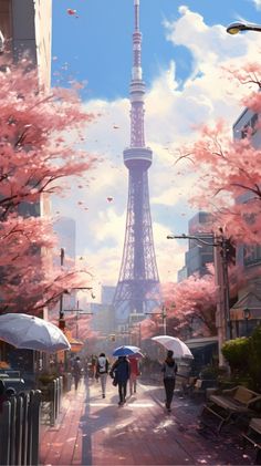 people with umbrellas walk down the street in front of the eiffel tower