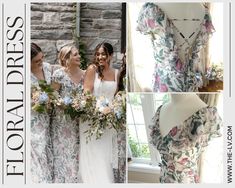 bridesmaids in floral dresses and bouquets standing next to each other near a window