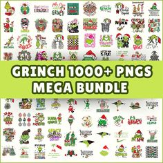 the grinch 100 + pngs mega bundle is shown in green and white