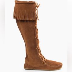 Casual Leather Fringe Boots, Casual Suede Fringe Boots, Casual Brown Fringe Boots, Casual Brown Boots With Fringe, Casual Leather Moccasins With Fringe, Leather Boots With Fringe And Round Toe, Fall Suede Moccasins, Leather Fringe Boots With Closed Toe, Lace Knee High Boots