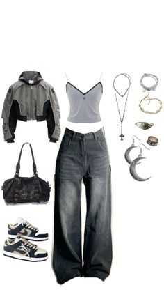 a woman's outfit including jeans, jacket and shoes