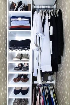 an organized closet with clothes and shoes