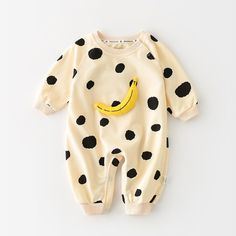 This adorable romper features a playful combination of banana dots and stripes, adding a touch of whimsy to their outfit. Made from soft and breathable fabric, it ensures comfort and freedom of movement for your child. Material: Cotton. Style: Banana, Happy Smile. Cute Onesies, Striped Rompers, Happy Smile, Baby Grows, Covered Buttons, Round Collar, Playsuit, Breathable Fabric, Baby Toddler